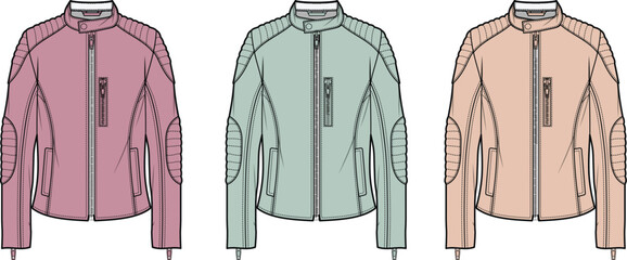 Set of women's biker jackets in different colors. Fashion flat sketch vector illustration template for apparel design © Sadia