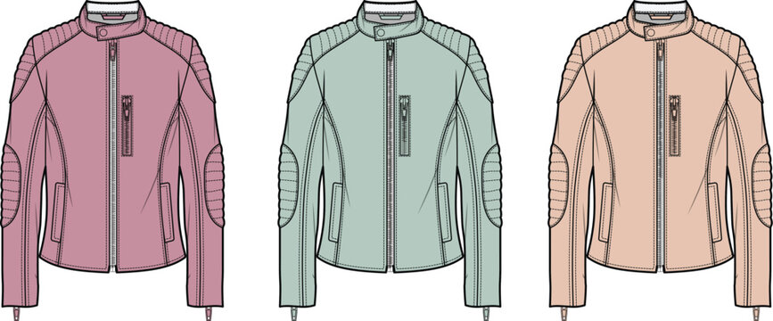 Set of women's biker jackets in different colors. Fashion flat sketch vector illustration template for apparel design