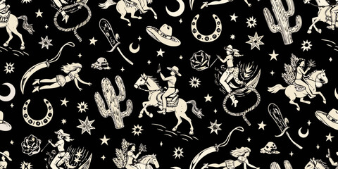 Whimsical western pattern with cowgirls horses cacti and stars on black background
