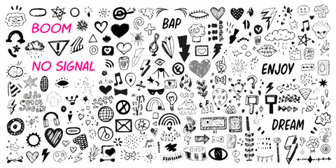 Collection of hand drawn doodle elements and symbols with words boom no signal enjoy dream
