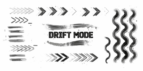 Collection of grunge brush stroke arrows wavy lines and the text drift mode © Sourav