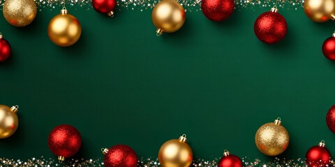 Festive Christmas Background with Red and Gold Ornaments on Green.