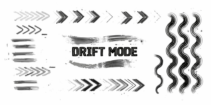 Collection of grunge brush stroke arrows wavy lines and the text drift mode