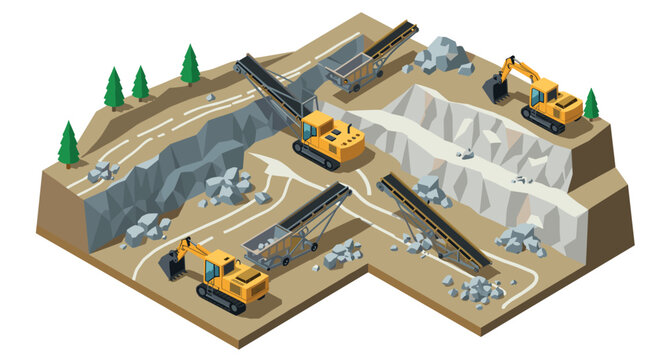 Isometric quarry scene with excavators and conveyors in a rocky landscape