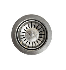 Top view of stainless steel sink drain isolated on white