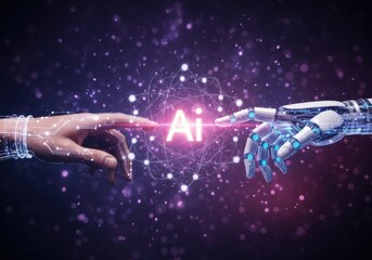 Human and robot hands connect with ai symbol in cosmic background