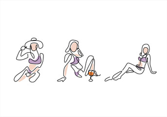 Continuous Line Art of Women Relaxing in Swimwear. line icon-continuous line drawing. Editable stroke.