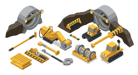 Fototapeta premium Isometric construction equipment set with tunnels in modern design