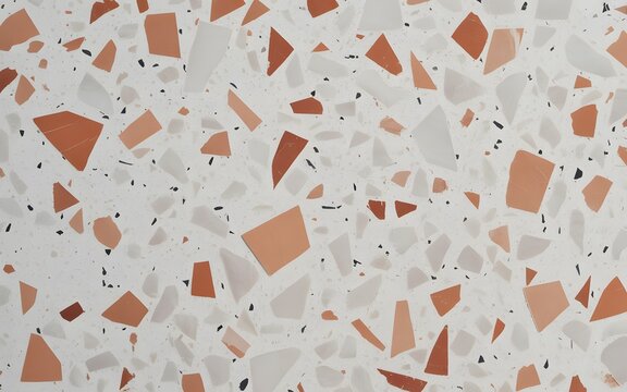 White terrazzo surface with terracotta and black stone chips, perfect for modern interior flooring, countertops, wall backgrounds, and design materials.