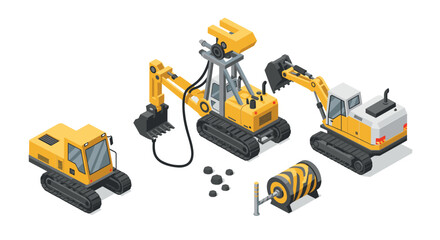 Fototapeta premium Isometric yellow excavators and heavy machinery on white background