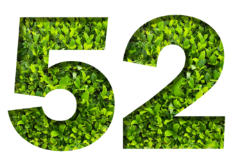 number 52 from green leaves  isolated on transparent background. suitable for birthday, anniversary and memorial day templates.