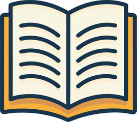 Minimalist flat vector icon of an open book with visible pages, thick outline, cover is golden yellow, and soft color palette.
