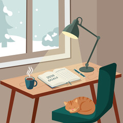 Flat Illustration of New Year 2026 Goals and Planning ,Cozy Workspace with Planner and Coffee