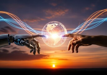 Robot and human hands connect through glowing earth
