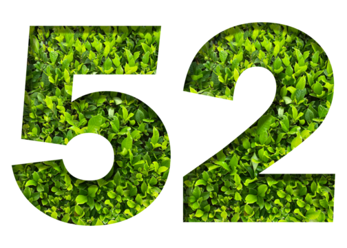 number 52 from green leaves isolated on transparent background. suitable for birthday, anniversary and memorial day templates. - Powered by Adobe
