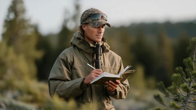 A birdwatcher scans the sky in a forest clearing, with binoculars raised, a field guide open, birds chirping, and a notebook logging sightings, captured in a quiet photo with lens clarity, page