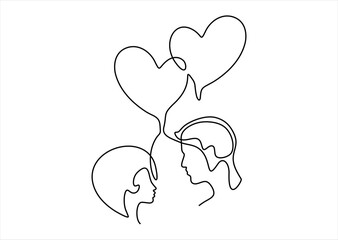 Continuous Line Drawing of Two People Connected by Hearts. line icon-continuous line drawing. Editable stroke.