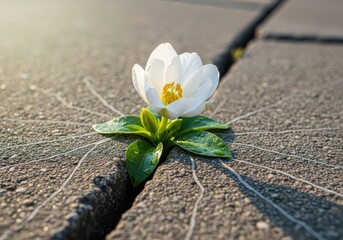 Delicate white flower blooms defiantly from a crack in pavement