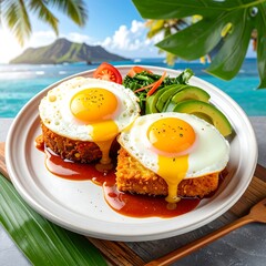 Two fried eggs atop savory patties, served with avocado and greens, idyllic beach backdrop