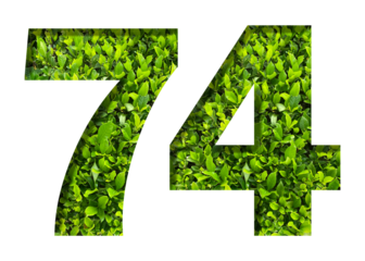 number 74 from green leaves  isolated on transparent background. suitable for birthday, anniversary and memorial day templates.