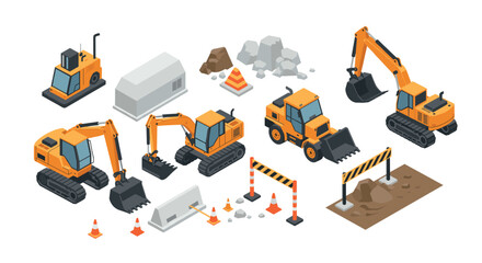 Construction site equipment in modern isometric design with various vehicles and barriers