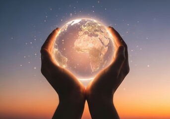 Hands cupping a glowing earth globe against a sunset sky