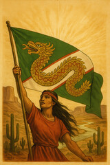 Obraz premium Vintage desert heroine holding a green dragon flag among cactus and golden light creating a dramatic fantasy folklore adventure scene with courage heritage and mythical symbolism legend