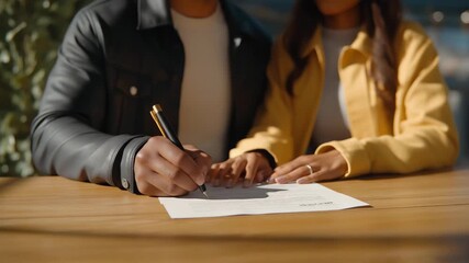 Adoptive parents signing final documents at the adoption agency, expressions filled with excitement and gratitude, symbolizing official confirmation, emotional closure, and the transformative power
