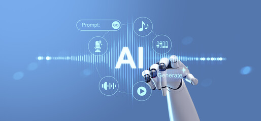 Futuristic robotic hand interacting with AI-generated music interface on glowing digital screen in tech concept environment on blue background.