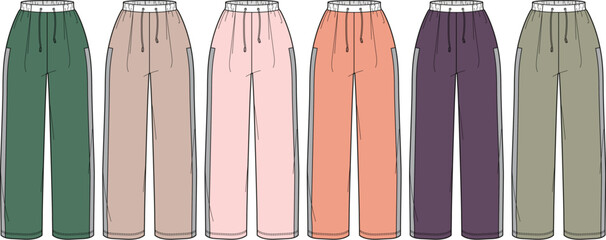 Collection of women's relaxed fit jogger pants fashion flat illustrations in various colors, showcasing comfortable and versatile loungewear design concepts with elastic waistbands and drawstrings
