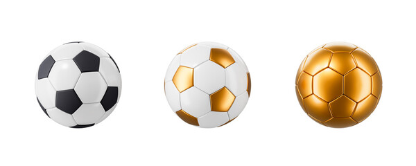 Naklejka premium Three stylish soccer balls including classic, gold-accented, and full-golden designs displayed side-by-side on clean white background. 3D Rendering