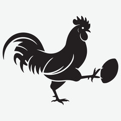 Black Silhouette of a Rooster Kicking an Egg on a White Background