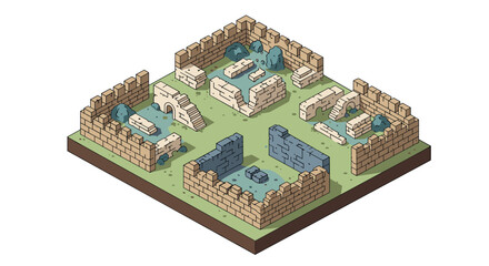 Obraz premium Ancient ruins isometric design with stone walls and greenery