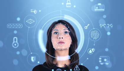 Woman with facial recognition interface and digital biometric se