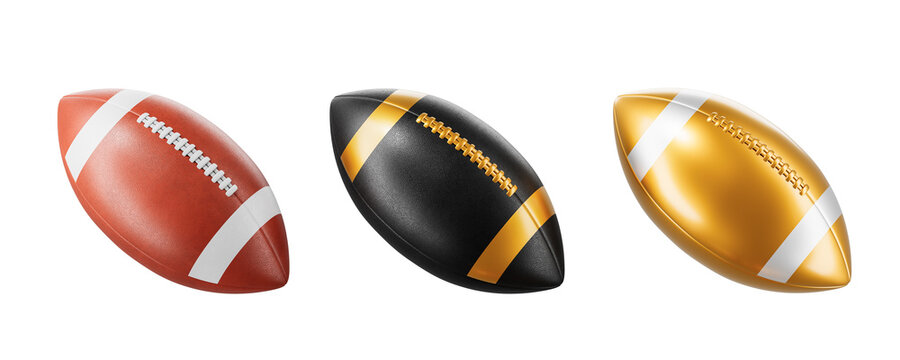 Realistic 3D rendering of three stylized American footballs with different textures and colors isolated on white background as a sports concept design. 3D Rendering