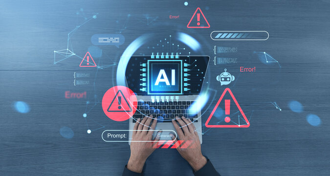 AI system warning and error concept with digital interface and alert signs viewed from top perspective on wooden background with glowing data elements.