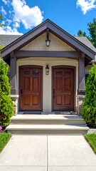 Two identical dark-wood doors on a light-colored porch, under a gabled roof