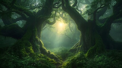 Obraz premium Enchanted Fantasy Forest with Sunlit Portal Between Ancient Mossy Trees and Misty Sunlight