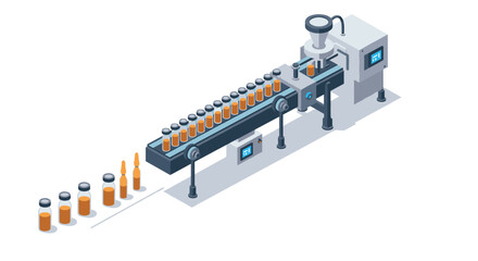 Isometric beverage factory automation: bottles on conveyor belt in modern production line