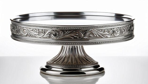 silver cake stand with ornate engravings empty and gleaming highlighting culinary artistry against white background