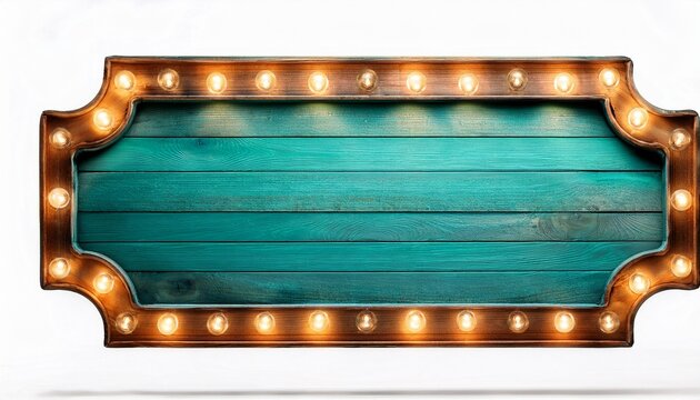 empty wooden sign with teal frame and light bulbs is isolated on white background creating a vintage or retro aesthetic