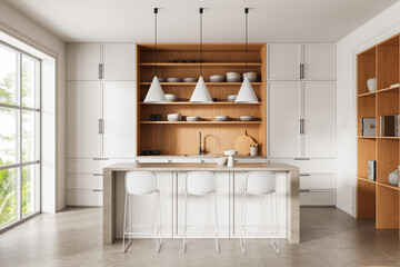 Modern minimalist kitchen interior with white cabinets, wood accents, and pendant lighting in a bright, natural setting. 3D Rendering