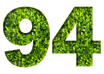 number 94 from green leaves  isolated on transparent background. suitable for birthday, anniversary and memorial day templates.