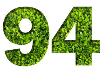 number 94 from green leaves  isolated on transparent background. suitable for birthday, anniversary and memorial day templates.