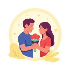 Creatively designed illustration of romantic man giving flowers to his partner with love.