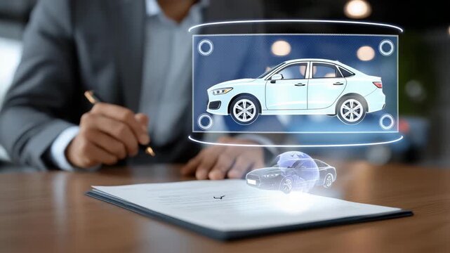 Business professional signing auto insurance policy contract at sleek office counter while digital holograms show cars, roads, and coverage symbols, representing mobility protection and financial