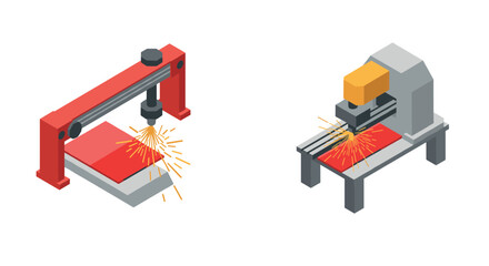 Isometric laser and cnc cutting machines with sparks icon set