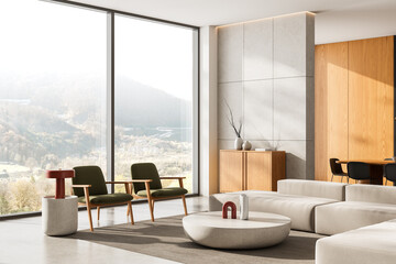 Modern minimalist interior design with natural light and wooden accents in spacious living room with panoramic window and mountain view. 3D Rendering