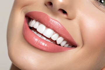 Naklejka premium Closeup of a womans smile with perfect white teeth and pink lipstick shade