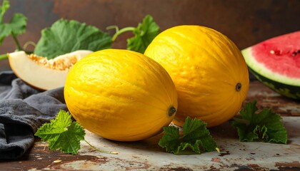 Two ripe yellow melons with watermelon and leaves on rustic surface